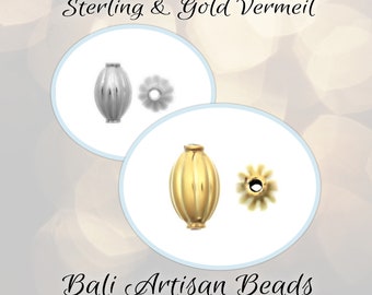 CLOSING SHOP 2 pieces, Bali Ridged Oval Melon Beads in Sterling or Gold Vermeil, 8.3mm x 5.3mm (1mm hole)