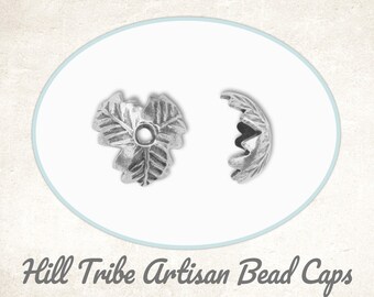 EXTRA 10% OFF Hill Tribe Bead Caps, Fine Silver, Embossed Leaf Design, 10mm wide x 4.5mm tall, set of 2 handmade caps