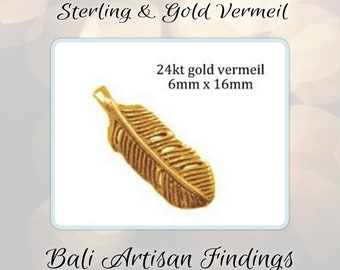 EXTRA 10% OFF Bali Feather Charms Gold Vermeil, 6mm x 16mm, one pair (2 charms)