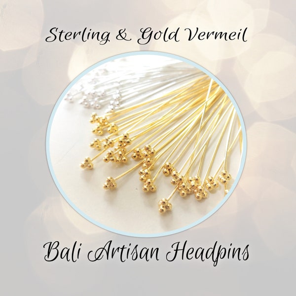 CLOSING SHOP 10 pieces, Bali 4-ball Headpins Sterling or Gold Vermeil, 24 gauge, 50mm long, 2.5mm head, handmade findings