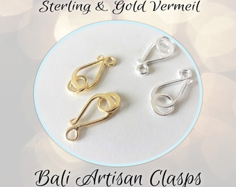 CLOSING SHOP Bali Hook Clasp in Bright Sterling or Gold Vermeil, 17mm long - set of 2 clasps