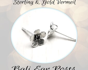 CLOSING SHOP Bali Flower Earring Posts, 7mm flowers, (2 pieces), Sterling or Gold Vermeil, backings included