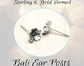 CLOSING SHOP Bali Poppy Flower Earring Posts, 7.5mm flowers, (2 pieces), Sterling or Gold Vermeil, backings included