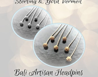 CLOSING SHOP 10 pieces, Bali Granulated Ball Headpins Bright Sterling or Gold Vermeil, 24 gauge, 65mm long, 3mm head