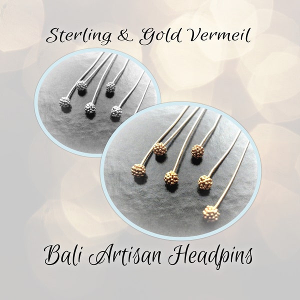 CLOSING SHOP 10 pieces, Bali Granulated Ball Headpins Bright Sterling or Gold Vermeil, 24 gauge, 65mm long, 3mm head