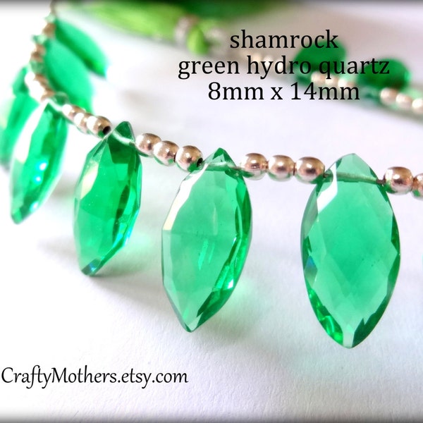 SHAMROCK GREEN Quartz Faceted Marquise Briolettes, (1) Matched Pair, 8mm x 14mm, hydro quartz, earrings