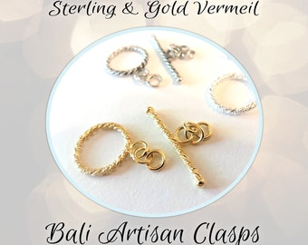 CLOSING SHOP Bali Twist Toggle Clasp Sterling or Gold Vermeil, 13mm ring with 19mm bar