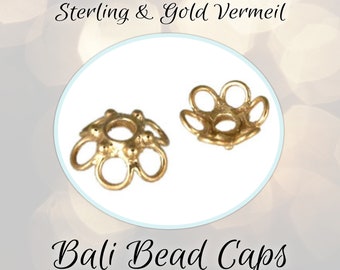 EXTRA 20% OFF Bali Daisy Bead Caps Sterling Silver or Gold Vermeil Artisan-made supplies, 4.5mm x 10mm, 2mm hole, Set of 2 pieces