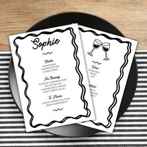 Bearbeitbares einfaches Dinner Party-Menü, Tischkarte, Schwarz-Weiß-Retro, minimalistisches Kringel, Essen, Getränke, Cocktails, Canva-Vorlage