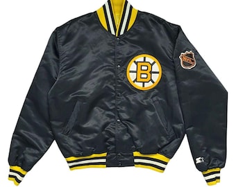 Chaqueta bomber de satén estilo universitario vintage de los Boston Bruins de los 90
