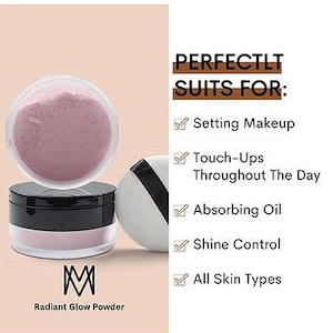K&ouml;nnte beinhalten: Ein klares Glas mit rosa strahlendem Puder mit schwarzem Deckel, ein wei&szlig;es Puderquaste mit schwarzem Streifen und dem Text "Radiant Glow Powder". Der Text "PERFECTLT SUITS FOR:" steht &uuml;ber einer Liste von Vorteilen.