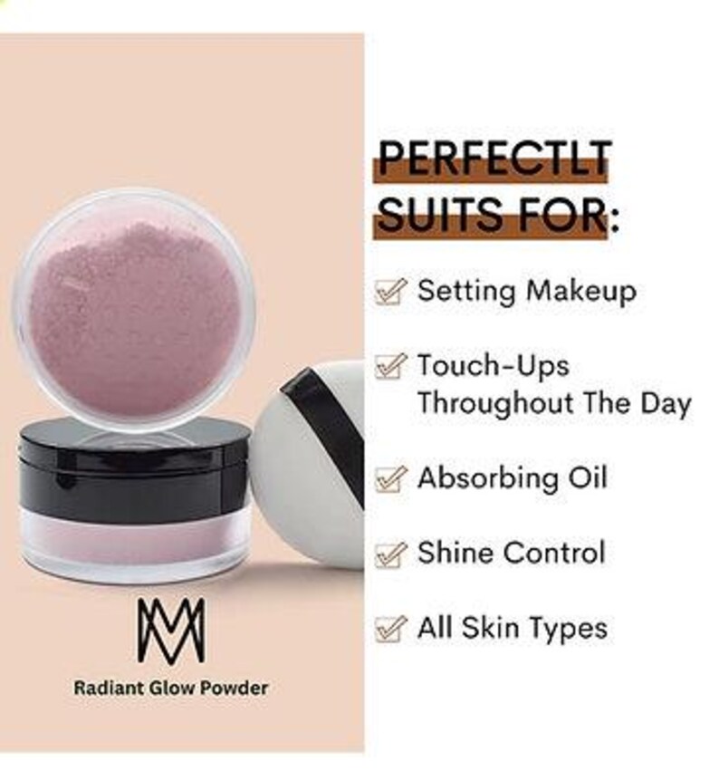 K&ouml;nnte beinhalten: Ein klares Glas mit rosa strahlendem Puder mit schwarzem Deckel, ein wei&szlig;es Puderquaste mit schwarzem Streifen und dem Text "Radiant Glow Powder". Der Text "PERFECTLT SUITS FOR:" steht &uuml;ber einer Liste von Vorteilen.