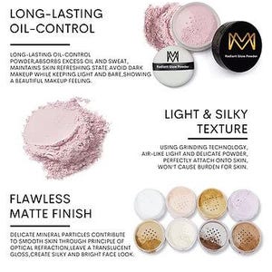 K&ouml;nnte beinhalten: Bild von strahlendem Puder mit mattem Finish. Der Text auf dem Bild lautet "Long-Lasting Oil-Control", "Light & Silky Texture" und "Flawless Matte Finish". Das Puder ist in verschiedenen Farbt&ouml;nen erh&auml;ltlich.
