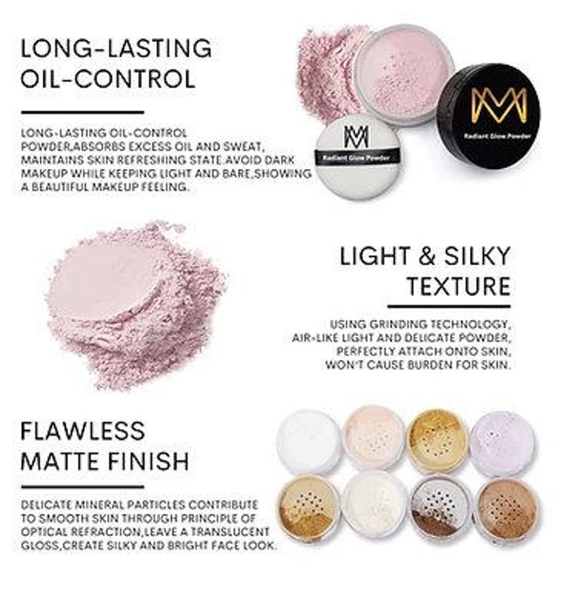K&ouml;nnte beinhalten: Bild von strahlendem Puder mit mattem Finish. Der Text auf dem Bild lautet "Long-Lasting Oil-Control", "Light & Silky Texture" und "Flawless Matte Finish". Das Puder ist in verschiedenen Farbt&ouml;nen erh&auml;ltlich.