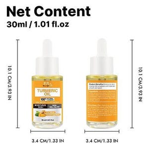 K&ouml;nnte beinhalten: Zwei transparente Glas-Tropfflaschen mit Kurkuma&ouml;l, je 3,4 cm breit und 10,1 cm hoch, mit wei&szlig;en Kappen und gelber Fl&uuml;ssigkeit. Die Etiketten tragen die Aufschrift "Kurkuma&ouml;l". Nettoinhalt: 30 ml.