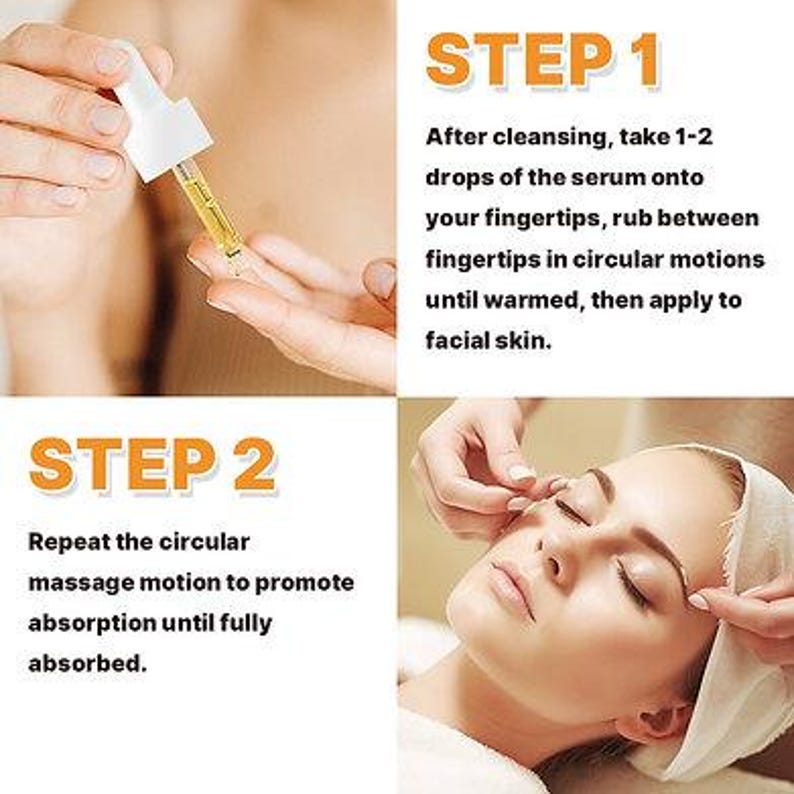 K&ouml;nnte beinhalten: Bild mit Hautpflegeschritten. Schritt 1: 1-2 Tropfen Serum auf die Fingerspitzen auftragen, in kreisenden Bewegungen verreiben. Schritt 2: Massage wiederholen, bis es eingezogen ist. Das Bild zeigt eine Pipette und ein Gesicht.