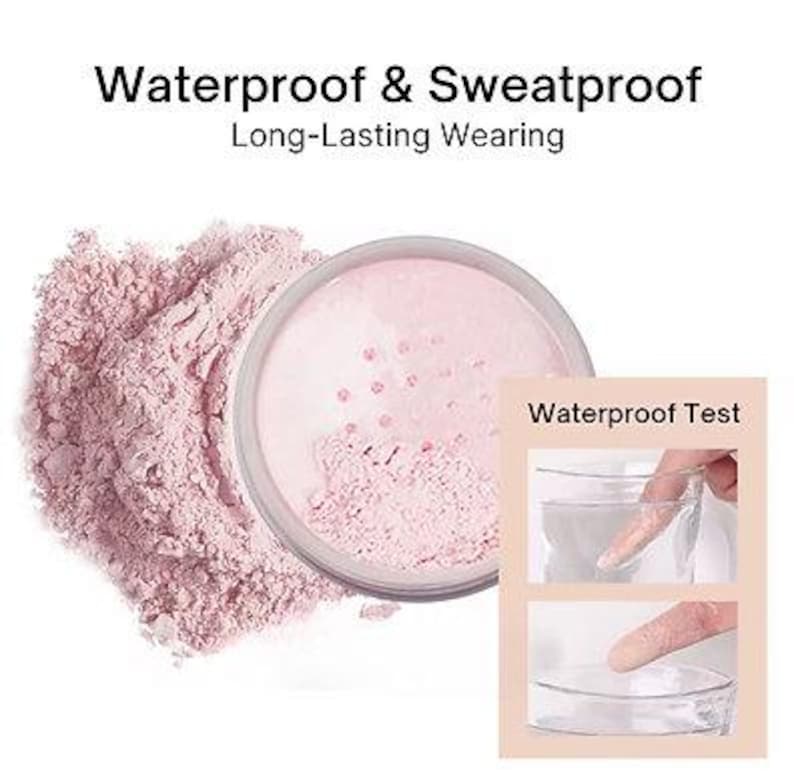 K&ouml;nnte beinhalten: Ein Beh&auml;lter mit rosa Gesichtspuder und einem hellrosa Puder versch&uuml;ttet. Der Text "Waterproof & Sweatproof" und "Long-Lasting Wearing" steht oben. Ein kleines Bild zeigt einen Wasserdichtigkeitstest.