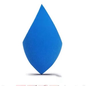 May include: A bright blue teardrop-shaped makeup sponge. The sponge has a smooth, textured surface and is designed for applying liquid or cream cosmetics. The shape allows for precise application in hard-to-reach areas.