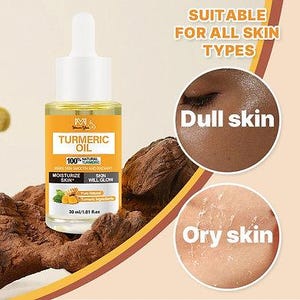 K&ouml;nnte beinhalten: Eine Flasche Kurkuma&ouml;l mit wei&szlig;er Pipette und gelber Fl&uuml;ssigkeit, beschriftet mit "TURMERIC OIL". Das Etikett weist "100% NATURAL" und "MOISTURIZE SKIN" aus. Das Bild enth&auml;lt auch den Text "SUITABLE FOR ALL SKIN TYPES" und zeigt Beispiele f&uuml;r "Dull skin" und "Dry skin".