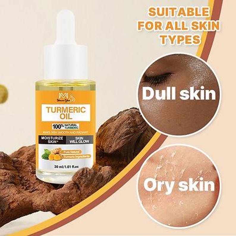 K&ouml;nnte beinhalten: Eine Flasche Kurkuma&ouml;l mit wei&szlig;er Pipette und gelber Fl&uuml;ssigkeit, beschriftet mit "TURMERIC OIL". Das Etikett weist "100% NATURAL" und "MOISTURIZE SKIN" aus. Das Bild enth&auml;lt auch den Text "SUITABLE FOR ALL SKIN TYPES" und zeigt Beispiele f&uuml;r "Dull skin" und "Dry skin".