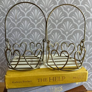 Vintage Brass Colored Pair of HOMCO Heart Baskets Home Interiors Valentine&#39;s Day