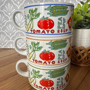 3 MCM Vintage Soup Mug Set Soup Pop Art Stackable Soup Mugs 1970s, retro soup mugs, chicken soup mugs, tomato soup mugs, vegetable soup mugs