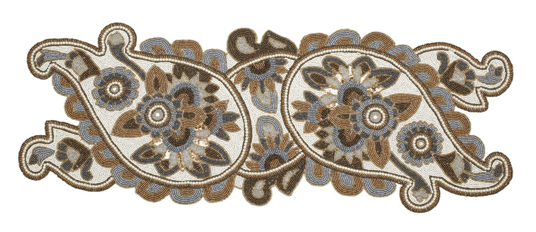 Ivory Gold Beaded Paisley Table Runner – Hand-applied Shimmering ...