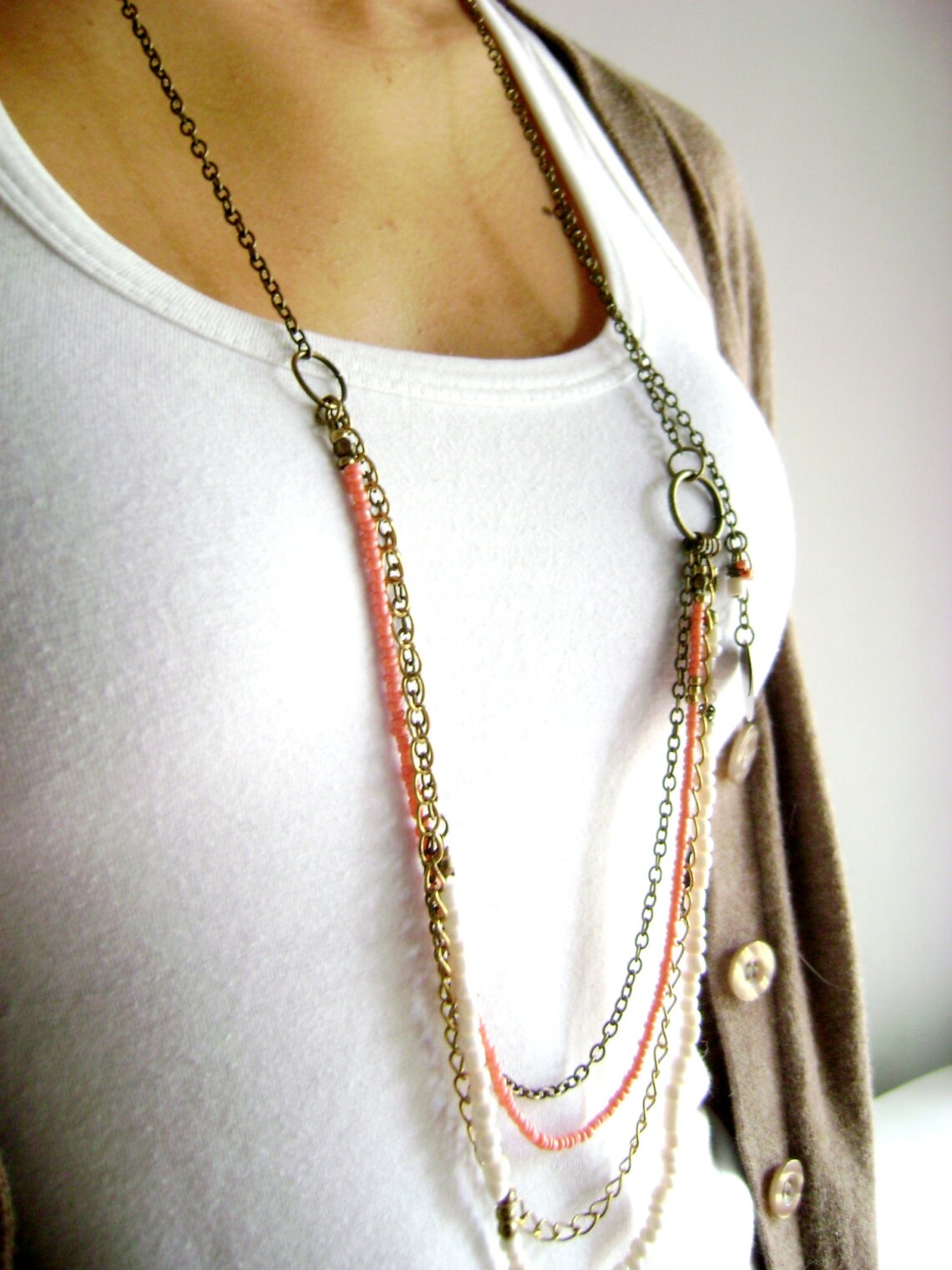 Bohemian style long necklace soft peach ivory multiple chain Etsy