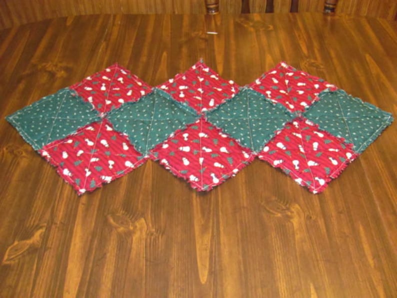 Christmas Rag Quilted Reversible 2 in 1 Table Runner Snowman and Christmas Tree Table Runner Country Table Runner Rustic Primitive Runner
