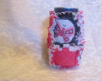 Butterflies and Hot Pink Inspired 12oz Beer/Pop Can Cover/ Cozy / Cozie/ Can Holder/ Rag Quilted