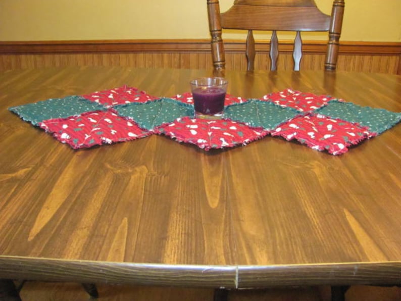 Christmas Rag Quilted Reversible 2 in 1 Table Runner Snowman and Christmas Tree Table Runner Country Table Runner Rustic Primitive Runner