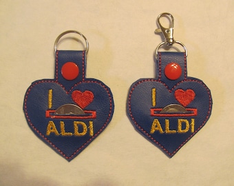 Quarter key chain, Blue Heart Quarter Holder keychain, I Heart Aldi quarter holder, embroidered keyfob, Aldi quarter keeper, Heart keychain,