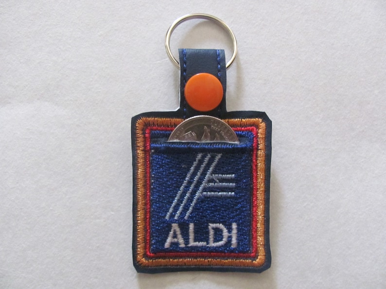 Quarter Keeper key chain, Square Quarter Holder keychain, Square Aldi quarter holder, embroidered key fob, Aldi quarter keeper, image 4