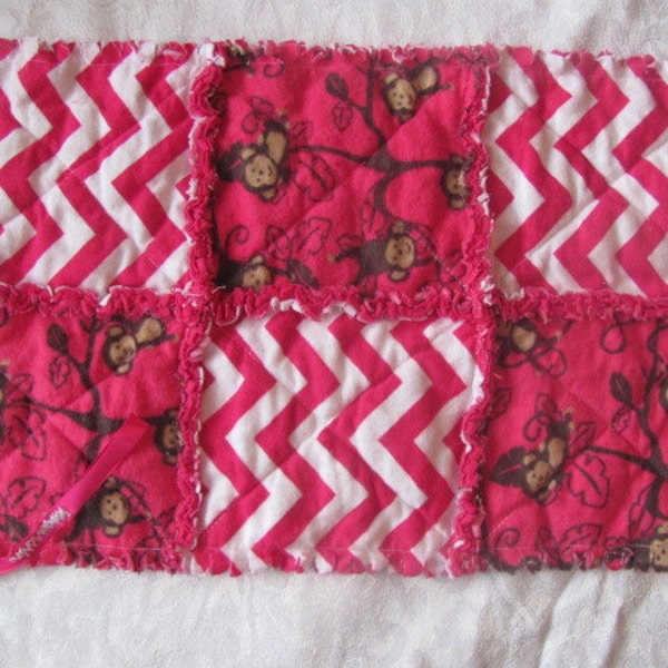 Monkeys and Hot Pink Chevron Inspired Pacifier Holder/Burp Cloth/ Pacifier Clip/ Snuggle Blanket/ Paci Holder/ Binkie Clip Rag Quilted