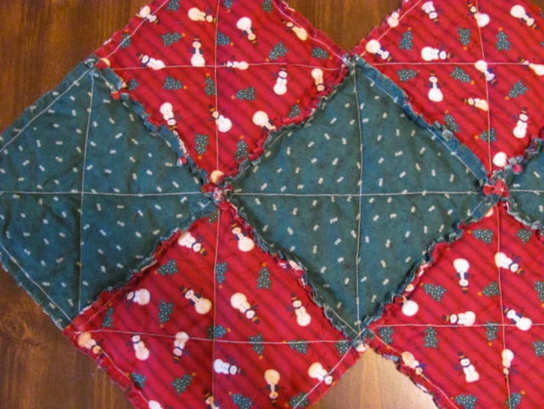 Christmas Rag Quilted Reversible 2 in 1 Table Runner Snowman and Christmas Tree Table Runner Country Table Runner Rustic Primitive Runner
