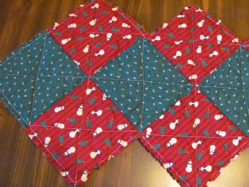 Christmas Rag Quilted Reversible 2 in 1 Table Runner Snowman and Christmas Tree Table Runner Country Table Runner Rustic Primitive Runner