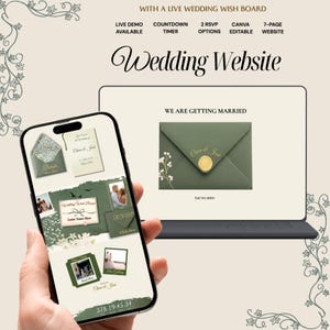 May include: A digital wedding website template displayed on a smartphone and a laptop screen. The design features sage green envelopes, floral accents, and text including "Wedding Website," "We Are Getting Married," and a countdown timer.