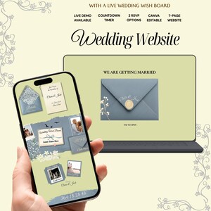 May include: A digital wedding website template displayed on a smartphone and a laptop screen. The design features a sage green background with blue envelope graphics, photo placeholders, a countdown timer, and text including Wedding Website.