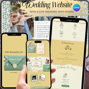 Hochzeitswebsite-Vorlage mit Blumenmuster in Buttergelb und Salbeigrün | Für intime Hochzeiten, standesamtliche Trauungen und Elopements (Digitaler Download)