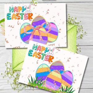 Juego de 2 tarjetas de Pascua imprimibles, adorable tarjeta de felicitación de Pascua con diseños de conejito y huevo, tarjeta de Pascua con ilustración de conejito y huevo