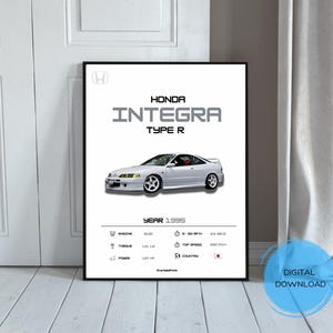 Puede incluir: Impresión enmarcada de un Honda Integra Type R blanco. El póster incluye el nombre del coche, el año 1995 y especificaciones como la cilindrada, el par y la potencia. Descarga digital disponible.