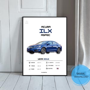 Op de afbeelding: Een blauwe Acura ILX A-Spec auto met de tekst "YEAR 2016" en specificaties voor motor, koppel, vermogen, 0-60 mph, topsnelheid en land van herkomst.