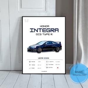 May include: A black Honda Integra Type R with the text "HONDA INTEGRA DCS TYPE R YEAR 2005" and car specifications.
