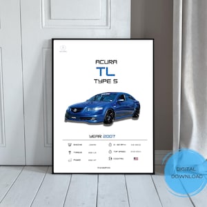 Puede incluir: Impresión enmarcada de un coche Acura TL Type S azul. La impresión incluye especificaciones como motor, par y potencia, y el año 2007. Es una descarga digital.