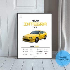 May include: A framed print featuring a yellow Acura Integra DC2 car illustration. The print includes the car's name in yellow text, the year 1997, and specifications like engine size, torque, and power. A digital download is available.