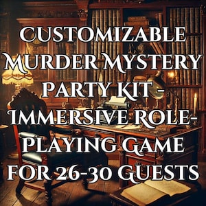 Peut inclure: Un kit de fête de mystère de meurtre personnalisable pour 26 à 30 invités. Le kit comprend un jeu de rôle immersif. L'image montre un décor de bibliothèque de style vintage avec un bureau en bois, une machine à écrire et un livre.