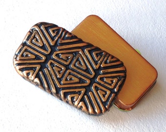 Aztec Pill Box Black and Gold Geometric Metal slide top Pill Case Great handmade unisex gift Vitamin holder Pocket pill case FREE gift pouch