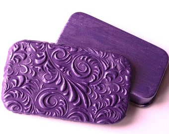 Metal Pill Box Deep Violet Rococo pattern Unique handmade gift Flat slide top tin Perfect purse accessory FREE velvet gift pouch