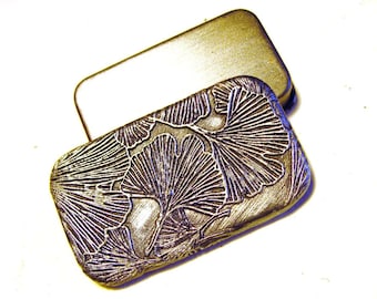 Ginkgo Pill Box Antiqued Silver Purse Accessory Elegant Gift Handmade Art Pill Case Slide Top Tin FREE Velvet Gift Pouch Pocket Pill Holder