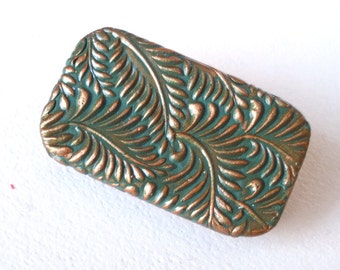 Pill Box Woodland Ferns Green and Bronze Metal slide top Pill case Art Nouveau botanical pattern Unisex gift Handmade FREE velvet gift pouch